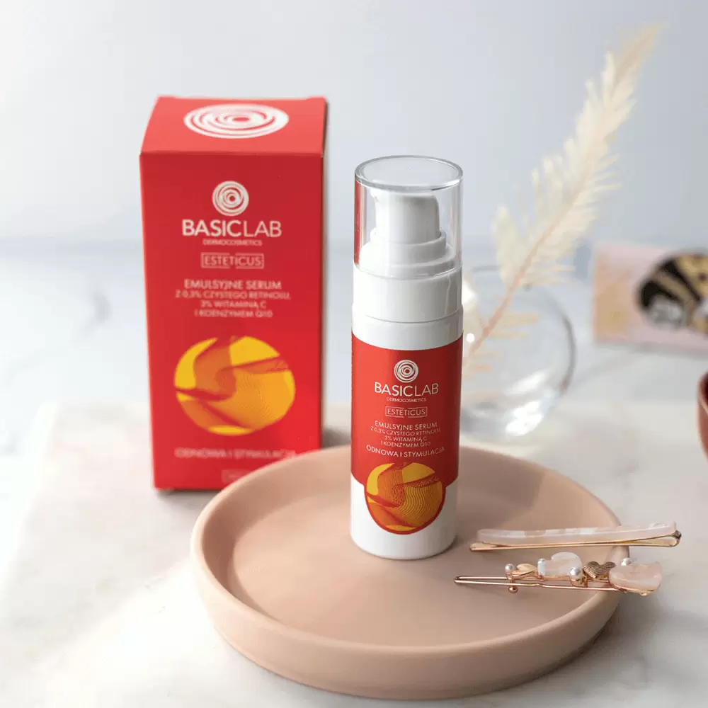 Emulsyjne serum z 0,3% czystego retinolu, 3% witaminą C i koenzymem Q10 | BasicLab