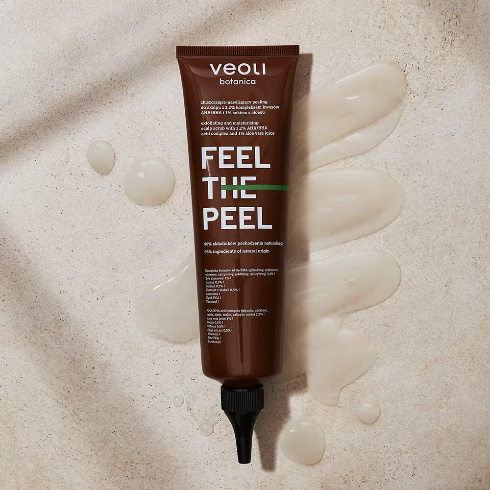 Złuszczająco-nawilżający peeling do skalpu z 3,2% kompleksem kwasów AHA/BHA i 1% sokiem z aloesu FEEL THE PEEL | Veoli Botanica