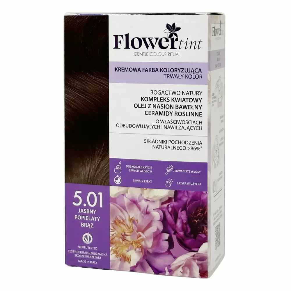 Kremowa farba koloryzująca do włosów 5.01 -Jasny popielaty brąz | FlowerTint