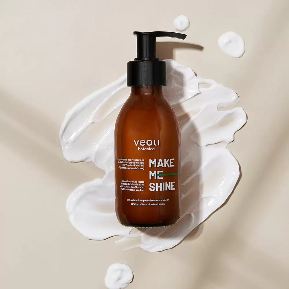 Wygładzająco – nabłyszczająca maska laminująca do włosów z 3% VegeKer - Plus i 2% oleju z nasion piany łąkowej MAKE ME SHINE | Veoli Botanica