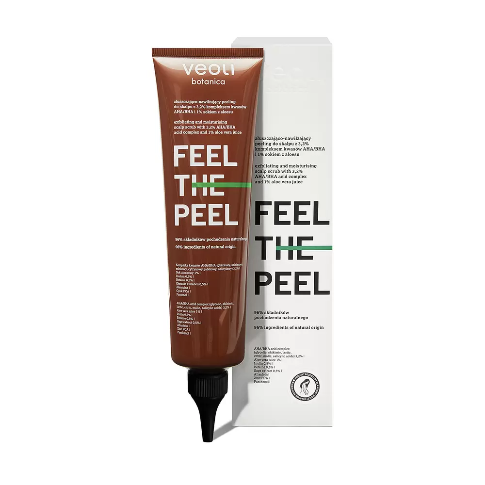 Złuszczająco-nawilżający peeling do skalpu z 3,2% kompleksem kwasów AHA/BHA i 1% sokiem z aloesu FEEL THE PEEL | Veoli Botanica